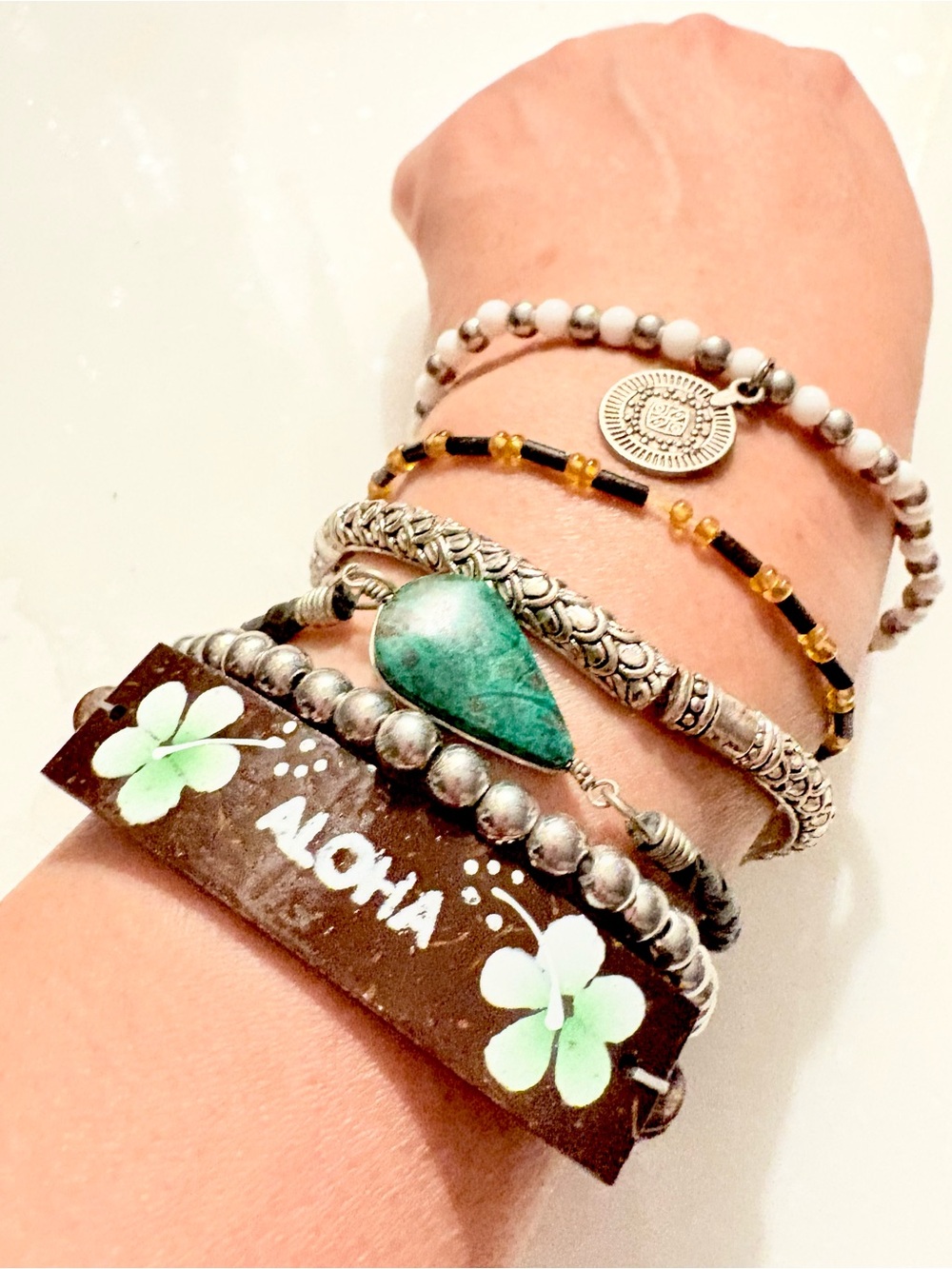 Aloha Green Stone Multi-Strand Women's Bracelet Set of 6